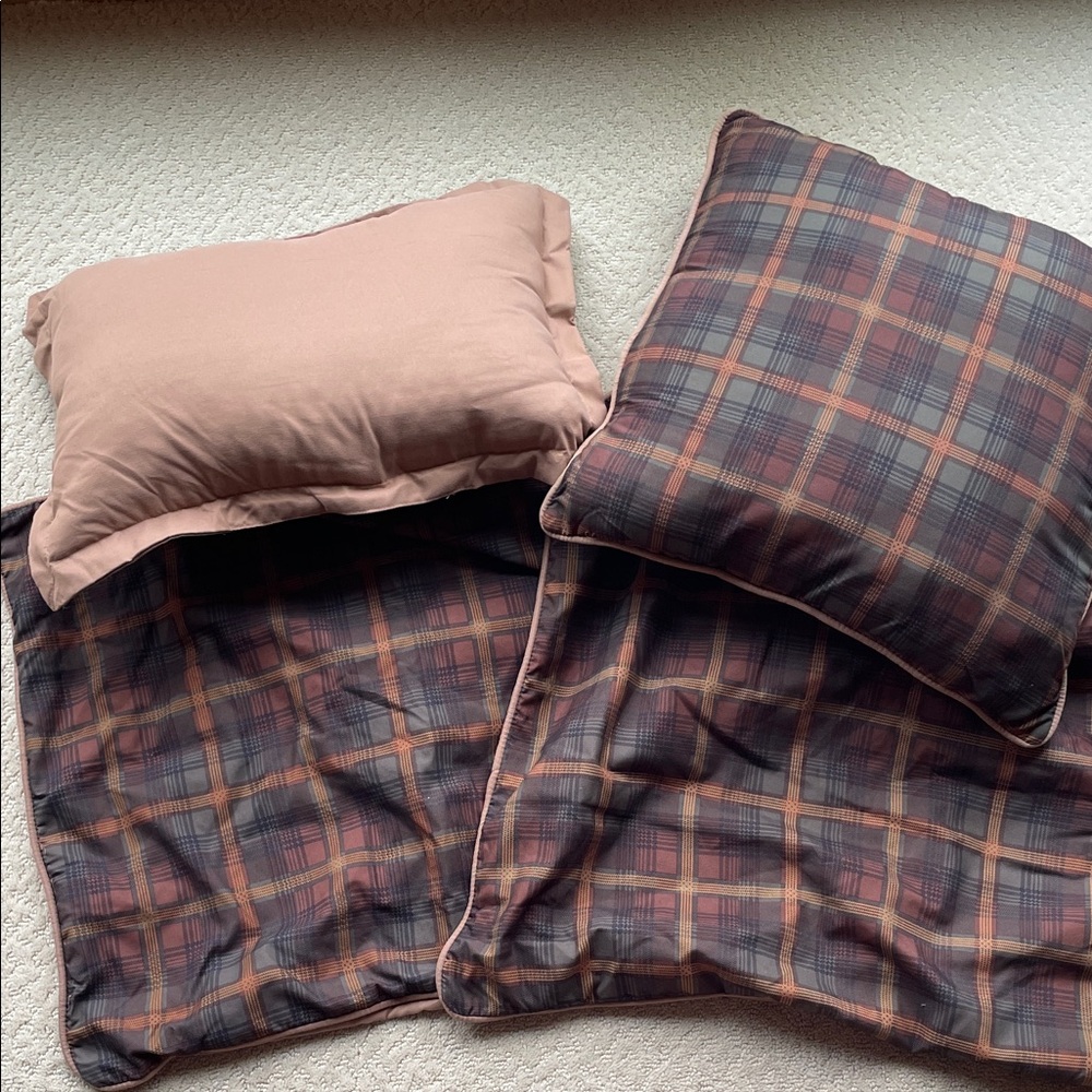 Plaid throw pillow, brown throw pillow, 2 shams. Rustic cabin themed